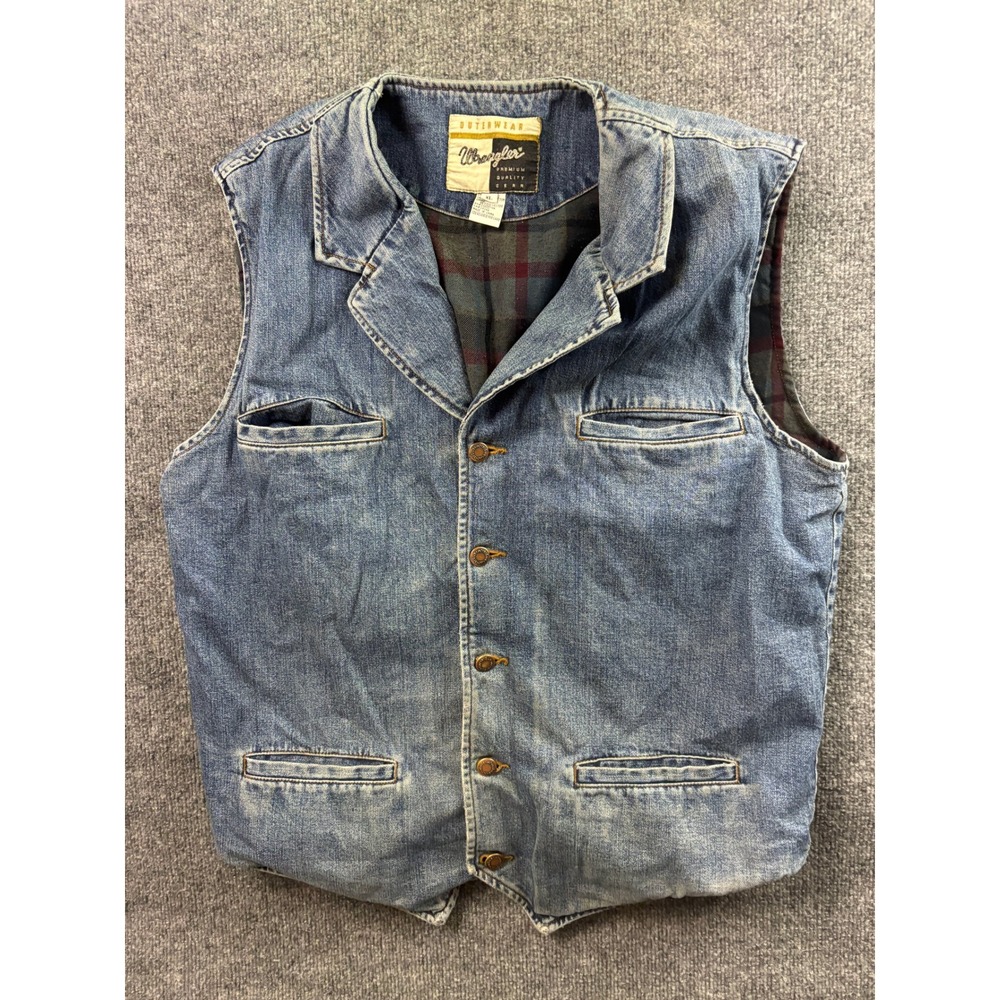 Vintage Wrangler Denim Vest Mens XL Blue Plaid Lined Western Cowboy Button Up